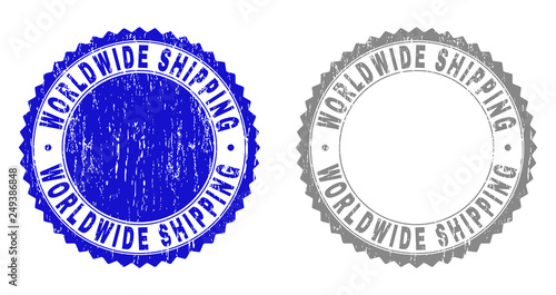 Grunge WORLDWIDE SHIPPING stamp seals isolated on a white background. Rosette seals with grunge texture in blue and gray colors. Vector rubber watermark of WORLDWIDE SHIPPING tag inside round rosette.
