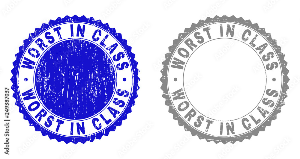 Obraz premium Grunge WORST IN CLASS stamp seals isolated on a white background. Rosette seals with grunge texture in blue and grey colors. Vector rubber stamp imprint of WORST IN CLASS text inside round rosette.