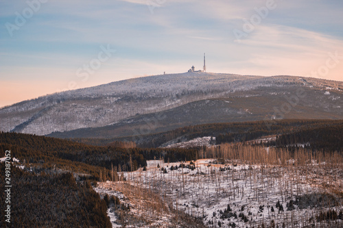 Brocken mountain peak covered in snow, in Harz Mountains, Germany