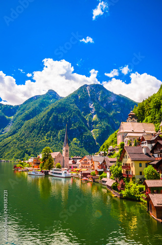 Fantastic view on Hallstatt village and alpine lake, Austrian Alps, Salzkammergut, Austria, Europe