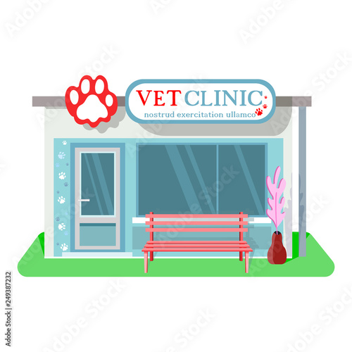 Veterinary medicine or hospital, clinic for animals. Shop or store for vet or veterinarian to cure ill or sick pets disease. Healthcare or treatment for wild or domestic animals. Facade exterior view