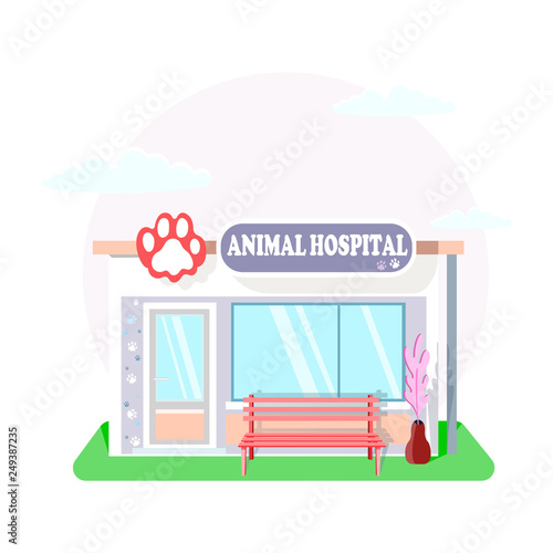 Fototapeta Naklejka Na Ścianę i Meble -  Veterinary medicine or hospital, clinic for animals. Shop or store for vet or veterinarian to cure ill or sick pets disease. Healthcare or treatment for wild or domestic animals. Facade exterior view
