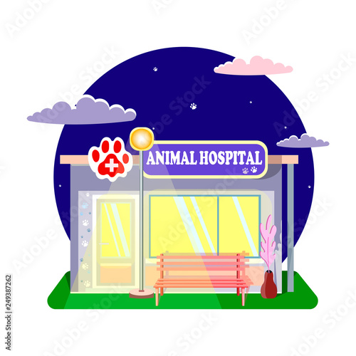 Veterinary medicine or hospital, clinic for animals. Shop or store for vet or veterinarian to cure ill or sick pets disease. Healthcare or treatment for wild or domestic animals. Facade exterior view