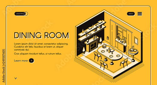 House engineering and construction company isometric vector web banner, landing page. Dining room cross section interior with chairs, dining table, fireplace and curtained window line art illustration