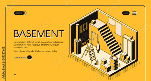 House architect, design company isometric vector web banner, landing page template. Basement cross section interior with pantry under stairs, cardboard boxes, ladder and boiler line art illustration