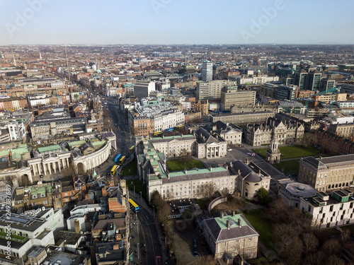College Green street and Trinity College aerial view. Ireland. February 2019
