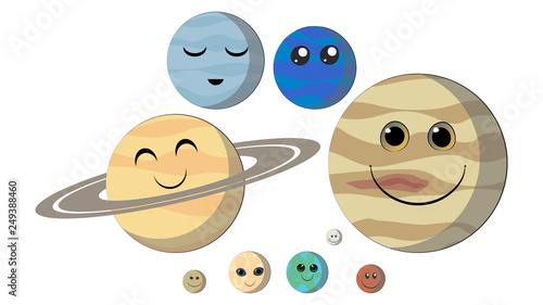 Smiling planets of the Solar System. Planets with faces funny characters: Mercury, Venus, Earth, Mars, Jupiter, Saturn, Uranus, Neptune