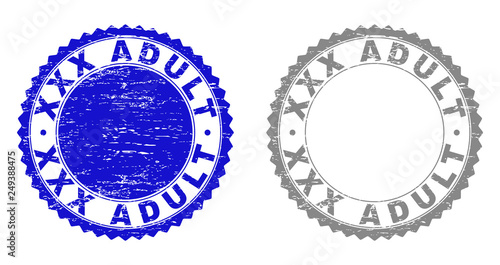 Grunge XXX ADULT stamp seals isolated on a white background. Rosette seals with grunge texture in blue and grey colors. Vector rubber stamp imprint of XXX ADULT caption inside round rosette.