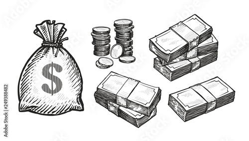 Money concept. Business, banking, finance sketch. Hand drawn vintage vector illustration