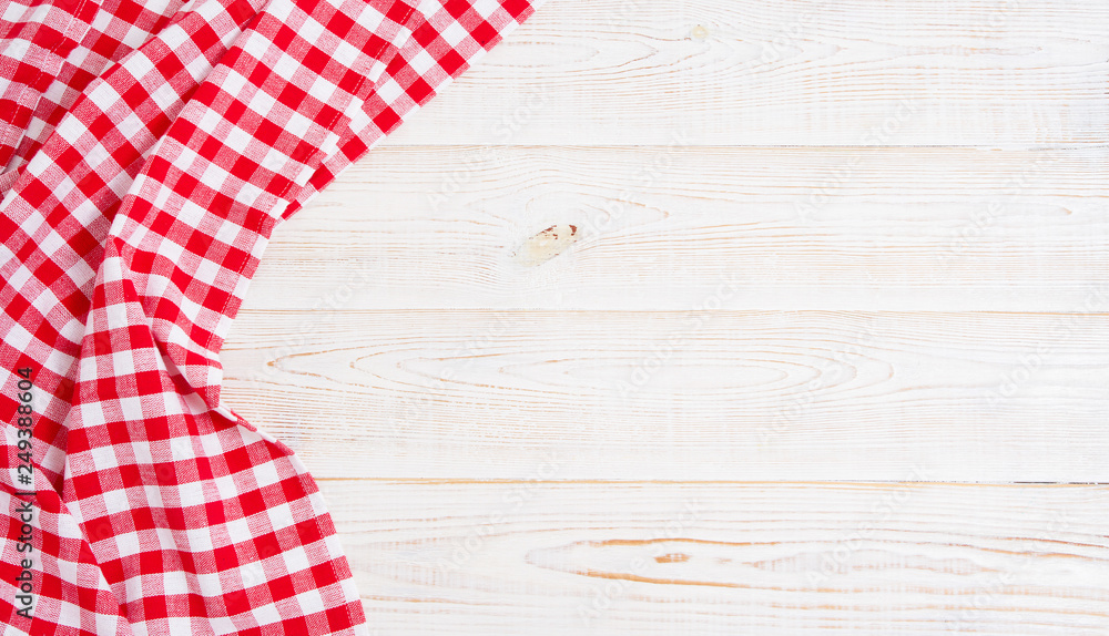 top view - red tablecloth on empty table, copy space top view - red tablecloth on empty table, copy space