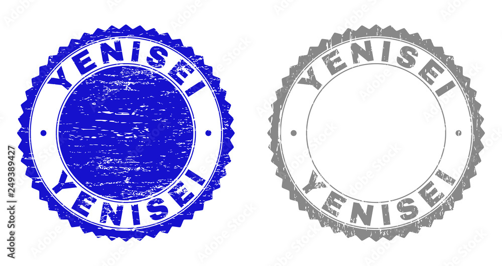 Grunge YENISEI stamp seals isolated on a white background. Rosette seals with grunge texture in blue and grey colors. Vector rubber stamp imitation of YENISEI caption inside round rosette.