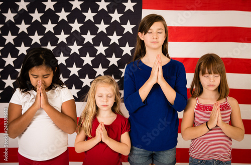 Фотография Group of Girls Praying by American Flag - Prayer, Religion, Hope