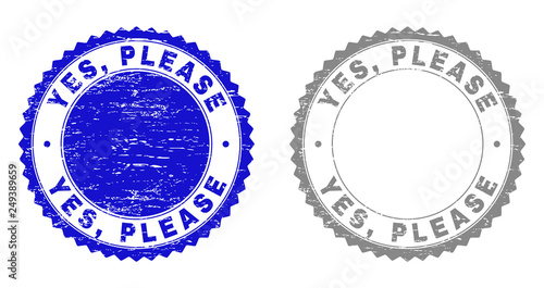 Grunge YES, PLEASE stamp seals isolated on a white background. Rosette seals with grunge texture in blue and gray colors. Vector rubber stamp imprint of YES, PLEASE tag inside round rosette.