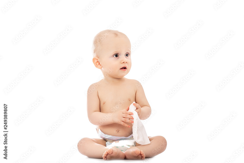 Portrait of a baby with wet wipes isolated on a white background. concept cleaning wipe, pure, clean Portrait of a baby with wet wipes isolated on a white background. concept cleaning wipe, pure, clean
