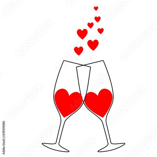 Two glasses with hearts holiday valentine's day valentine's day wedding, marriage, nuptials, bridal, nuptial, espousal logo sketch drawing black red icon