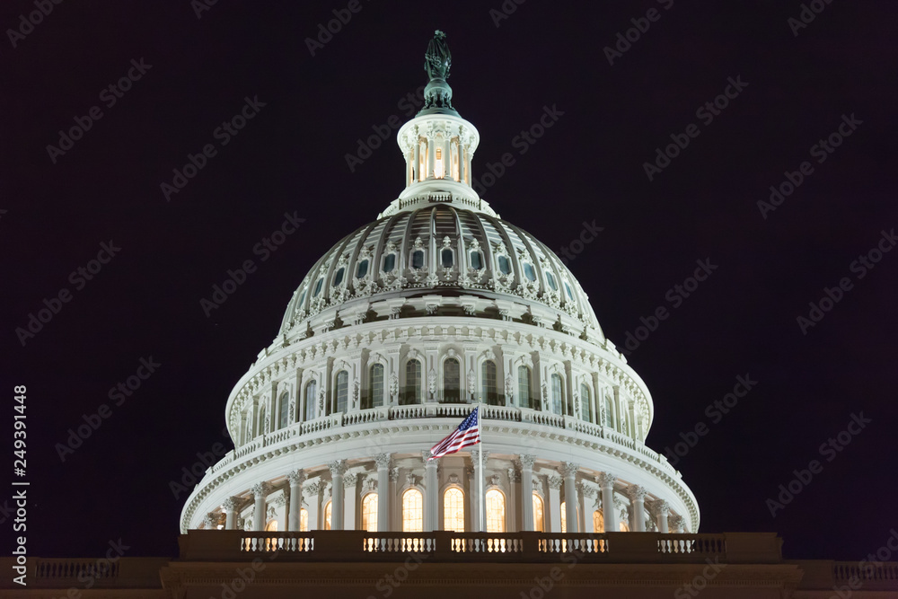 American capitol building at night. Dome close-up. Washington DC. USA