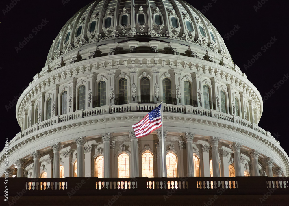 The United States Capitol at night. Capitol USA Building. United States Congress. Dome close-up.