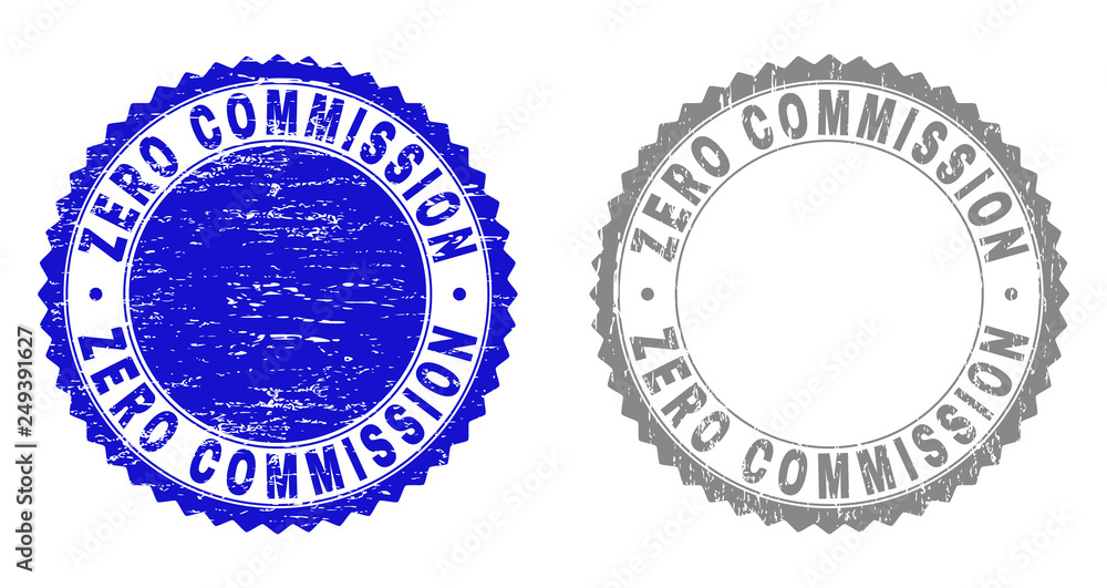 Obraz premium Grunge ZERO COMMISSION stamp seals isolated on a white background. Rosette seals with grunge texture in blue and gray colors.