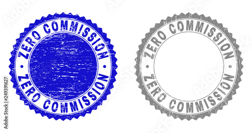 Grunge ZERO COMMISSION stamp seals isolated on a white background. Rosette seals with grunge texture in blue and gray colors.