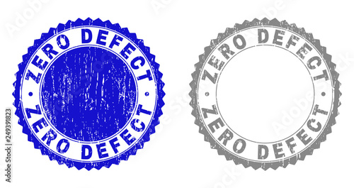 Grunge ZERO DEFECT stamp seals isolated on a white background. Rosette seals with grunge texture in blue and gray colors. Vector rubber stamp imitation of ZERO DEFECT label inside round rosette.