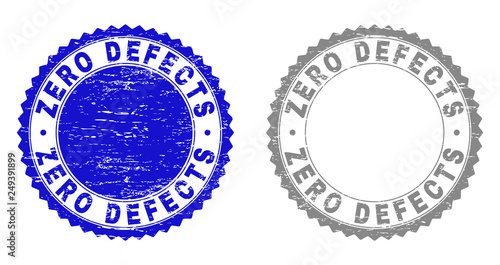 Grunge ZERO DEFECTS stamp seals isolated on a white background. Rosette seals with grunge texture in blue and grey colors. Vector rubber watermark of ZERO DEFECTS title inside round rosette.