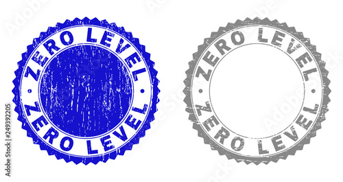 Grunge ZERO LEVEL stamp seals isolated on a white background. Rosette seals with grunge texture in blue and grey colors. Vector rubber stamp imprint of ZERO LEVEL title inside round rosette.