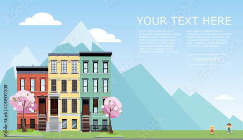 Horizontal banner with free spase tor text. Spring city street with mountains. 3 houses with blooming pink trees, grass lawn and playing children.Day Street cityscape. Flat cartoon vector illustration