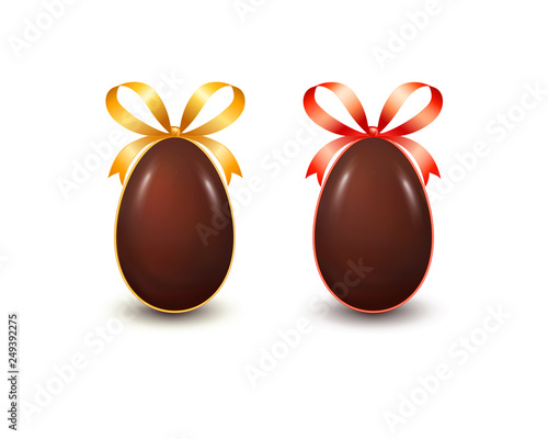 Set of realistic chocolate Easter eggs with bow knot and ribbons isolated on white background. Vector illustration