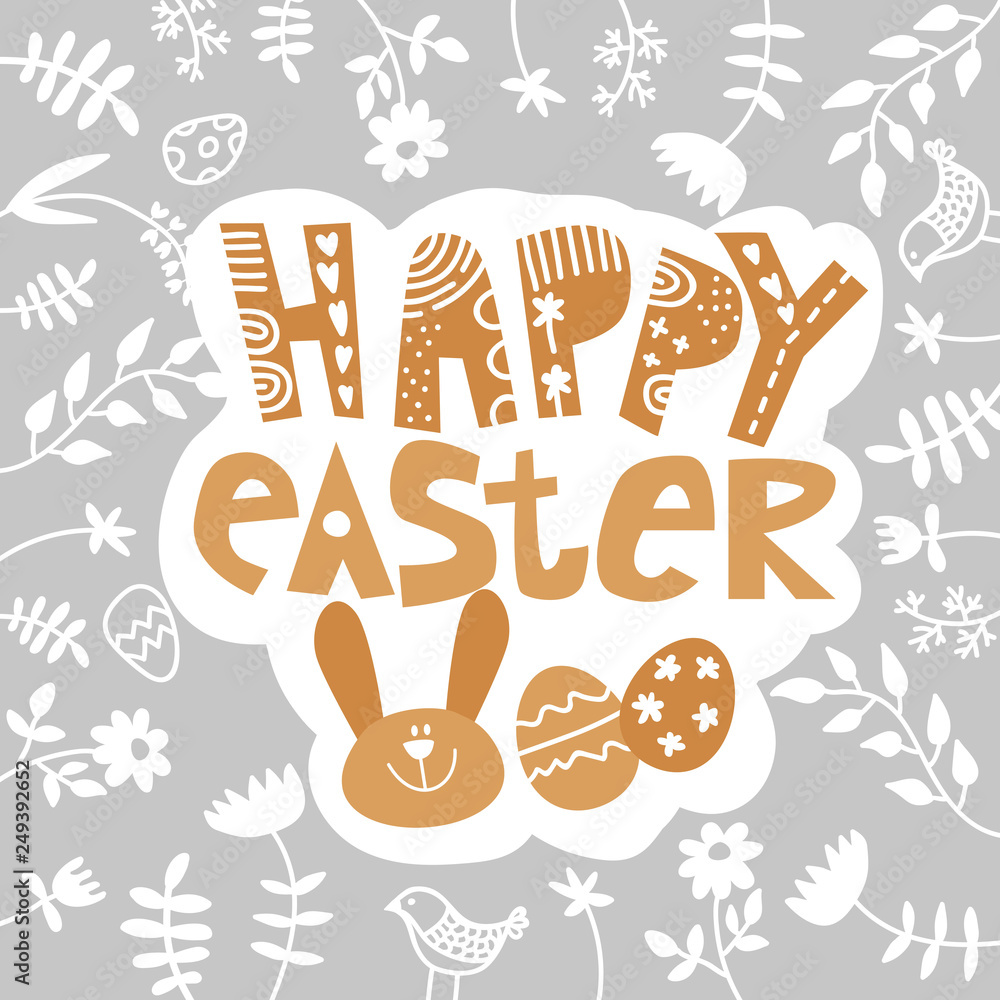 Easter background. Easter card. Cute Easter Bunny with stylish text on white background with for the celebration of Christian Festival 