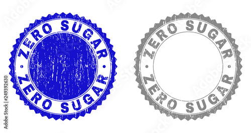 Grunge ZERO SUGAR stamp seals isolated on a white background. Rosette seals with grunge texture in blue and grey colors. Vector rubber stamp imitation of ZERO SUGAR label inside round rosette.