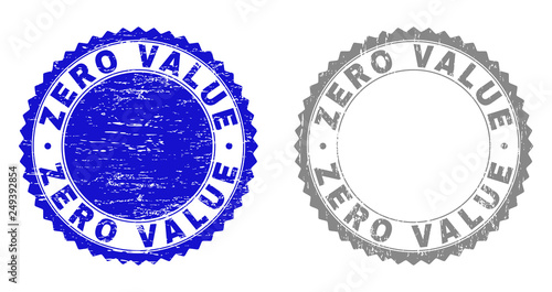 Grunge ZERO VALUE stamp seals isolated on a white background. Rosette seals with distress texture in blue and gray colors. Vector rubber stamp imprint of ZERO VALUE label inside round rosette.