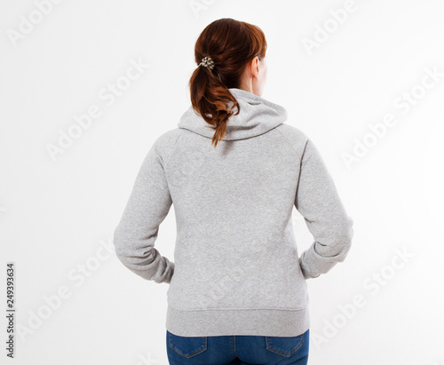 pretty woman in gray pullover hoodie mockup - back view