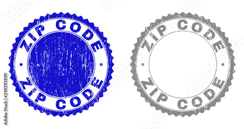 Grunge ZIP CODE stamp seals isolated on a white background. Rosette seals with distress texture in blue and gray colors. Vector rubber stamp imprint of ZIP CODE label inside round rosette.