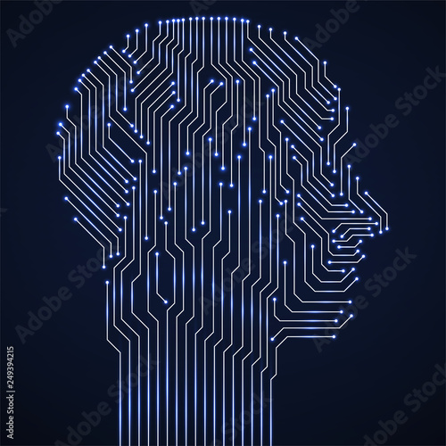 Abstract neon human head with circuit board. Technology concept