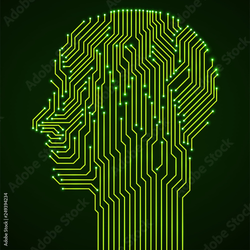 Abstract neon human head with circuit board. Technology concept