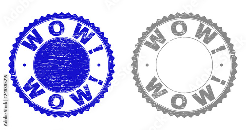 Grunge WOW! stamp seals isolated on a white background. Rosette seals with grunge texture in blue and grey colors. Vector rubber stamp imprint of WOW! tag inside round rosette.