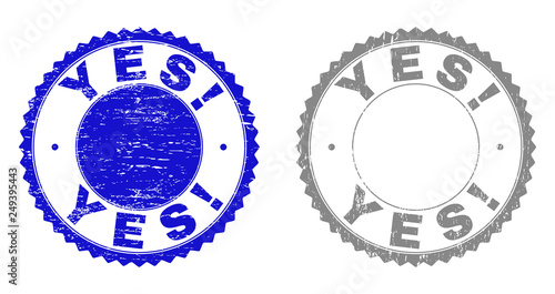Grunge YES! stamp seals isolated on a white background. Rosette seals with grunge texture in blue and gray colors. Vector rubber stamp imitation of YES! tag inside round rosette.
