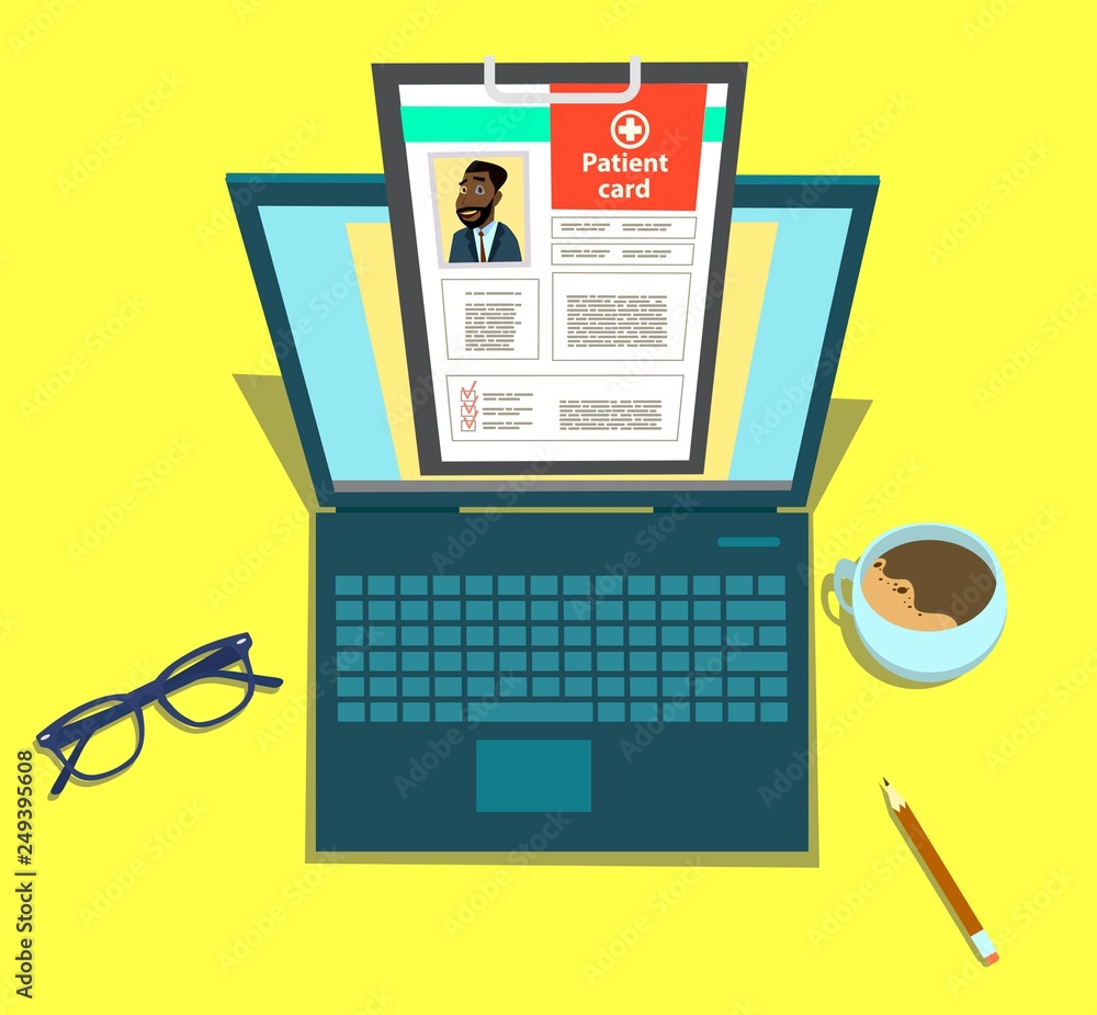 Laptop with medical clipboard. Patient card concept. Laptop with medical clipboard. Patient card concept.