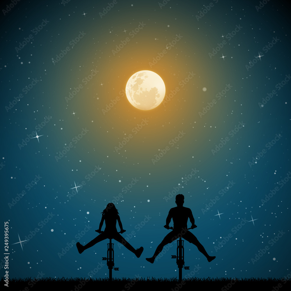 Couple on bikes on moonlit night. Vector illustration with silhouettes of two cyclists with legs apart in park. Northern lights in starry sky. Full moon in starry sky.