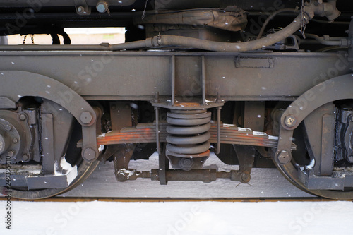 Details of the wheel train in the winter, wheels of the locomotive, closeup