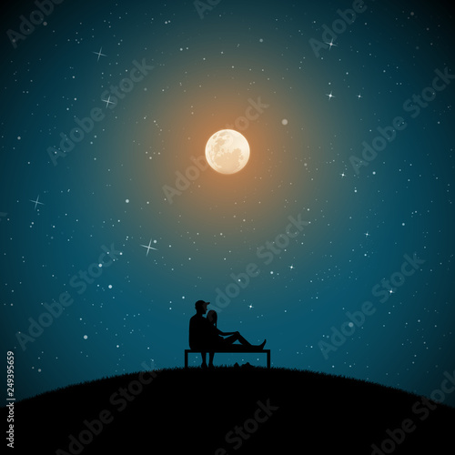 Lovers sitting on bench on moonlit night. Vector illustration with silhouette of loving couple in park. Full moon in starry sky