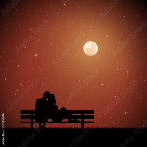 Lovers sitting on bench on moonlit night. Vector illustration with silhouette of loving couple in park. Northern lights in starry sky. Full moon in starry sky.
