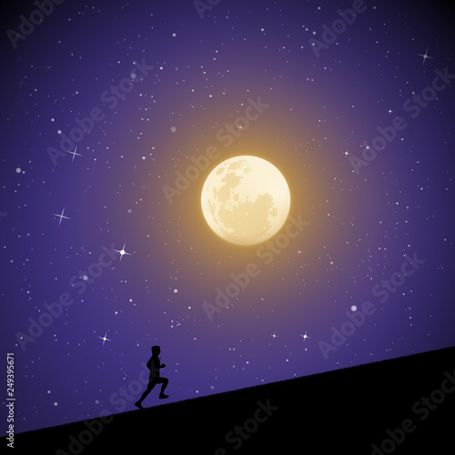 Man runs uphill on moonlit night. Vector illustration with silhouette of male runner in park. Northern lights in starry sky. Full moon in starry sky