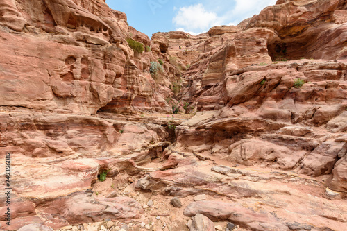 Mountain landscape with bizarre rock formation. Petra, Jordan.