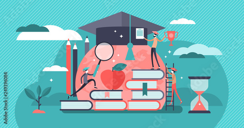 Education vector illustration. Flat tiny knowledge learning person concept.