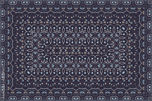 Vintage Arabic pattern. Persian colored carpet. Rich ornament for fabric design, handmade, interior decoration, textiles. Blue background.