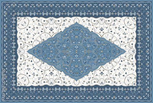 Vintage Arabic pattern. Persian colored carpet. Rich ornament for fabric design, handmade, interior decoration, textiles. Blue background.