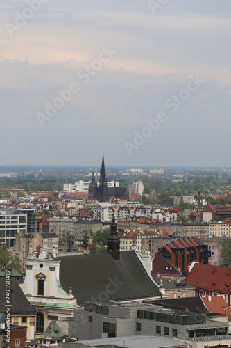 Warm, spring day in Wroclaw. View from the tower of the church of St. Elisabeth to the old town, churches, buildings, tenement houses, office blocks, blocks of flats. Breslau, Wrocław, Poland, Polen