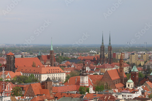 View from the tower of the church of Saint Elizabeth to the old town, the cathedral, Ostrów Tumski, churches, the Odra river, blocks of flats, the Olympic Stadium. Wrocław, Breslau, Poland, Polen