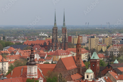 View from the tower of the church of Saint Elizabeth to the old town, the cathedral, Ostrów Tumski, churches, the Odra river, blocks of flats, the Olympic Stadium. Wrocław, Breslau, Poland, Polen,